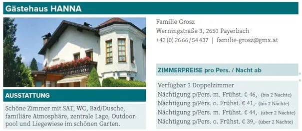 Ein Bild des Hauses Gastehaus Hanna. Es hat drei Doppelzimmer verfügbar. Die Zimmerpreise beginnen bei 46 Euro für eine Nacht und 41 Euro für zwei Nächte. Das Bild enthält auch Kontaktdaten für Familie Grosz.