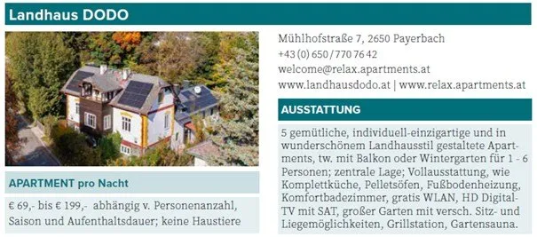 Bild von Landhaus DODO, einem Anwesen mit 5 gemütlichen Apartments im wunderschönen Landhausstil, geeignet für 1-6 Personen. Jedes Apartment verfügt über einen Balkon oder Wintergarten, zentrale Lage, Vollausstattung, Komfortbadezimmer, gratis WLAN, HD Digital-TV mit SAT, großen Garten mit Sitz- und Liegemöglichkeiten, Grillstation und Gartensauna.