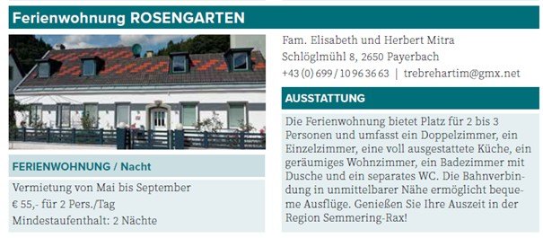 Das Bild zeigt eine Ferienwohnung namens Ferienwohnug ROSENGARTEN. Es zeigt ein Haus mit rotem Dach, mehreren Fenstern und einem Zaun. Der Text liefert Informationen über die Ferienwohnung, einschließlich der Besitzer, des Standorts und der Ausstattung. Die Ferienwohnung ist für 2 bis 3 Personen geeignet und bietet verschiedene Zimmer und Einrichtungen.