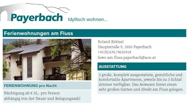 Eine Anzeige für Ferienwohnungen in Payerbach zeigt ein Haus mit zwei komfortablen, voll ausgestatteten Apartments, jeweils bis zu drei Schlafzimmern. Der Preis pro Nacht beträgt 35 €, abhängig von der Dauer und Anzahl der Gäste. Die Kontaktdaten von Roland Krätzel sind angegeben.