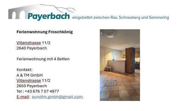 Eine Anzeige für eine Ferienwohnung in Payerbach, Österreich, mit einem Foto des Inneren mit gefliesten Boden und einer Holzsäule.
