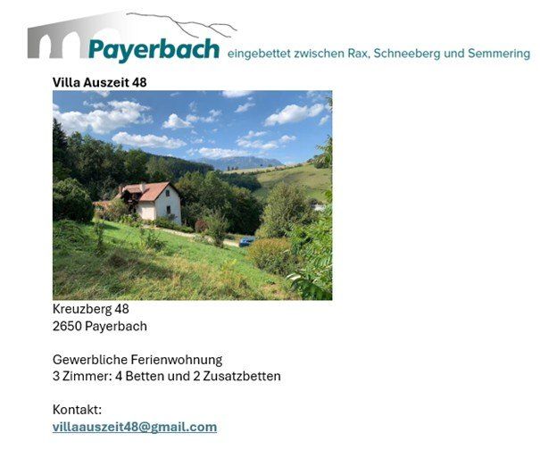 Villa Auszeit 48 in Payerbach bietet eine gewerbliche Ferienwohnung mit 3 Zimmern, 4 Betten und 2 Zusatzbetten. Kontakt: villaauszeit48@gmail.com.