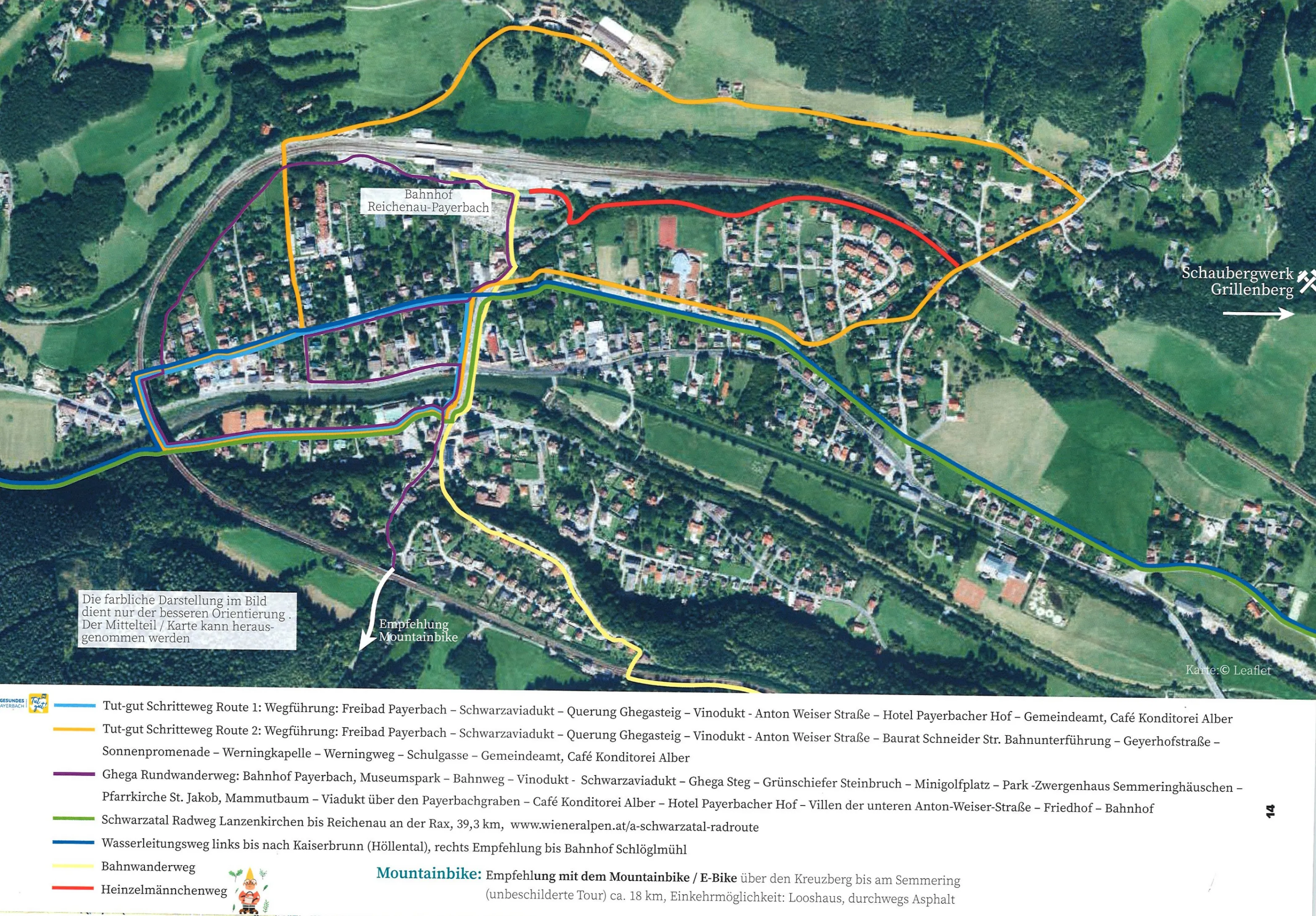 Karte zeigt zwei Routen für Fahrradtouren. Route 1 beginnt am Freibad Payerbach, führt durch Schwarzaviadukt und endet bei Gemeinplatz. Route 2 startet ebenfalls am Freibad Payerbach, verläuft durch verschiedene Orte und endet am Bahnhof Payerbach. Die Karte zeigt auch die Verfügbarkeit von Mountainbikes an.
