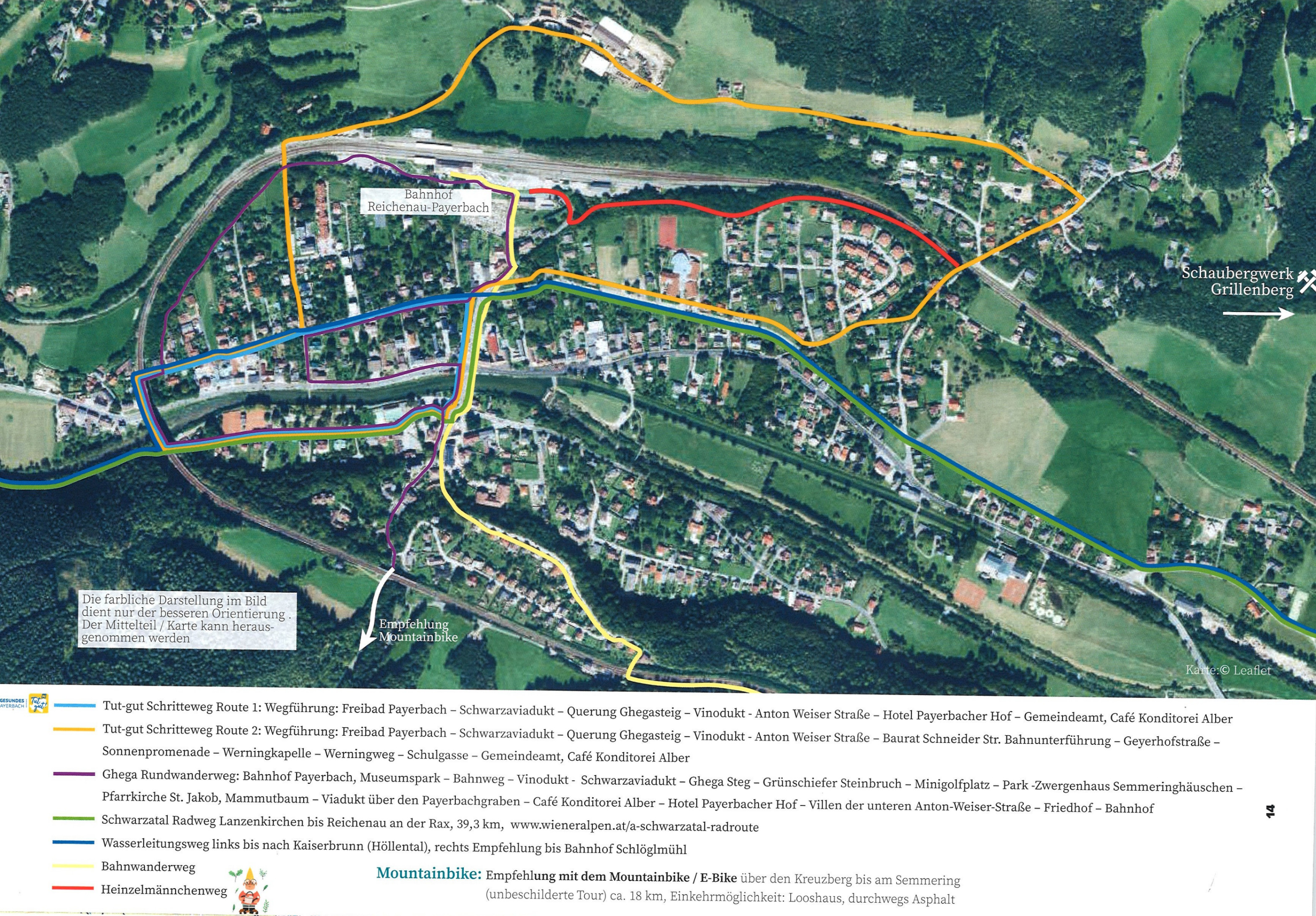 Karte zeigt zwei Routen für Fahrradtouren. Route 1 beginnt am Freibad Payerbach, führt durch Schwarzaviadukt und endet bei Gemeinplatz. Route 2 startet ebenfalls am Freibad Payerbach, verläuft durch verschiedene Orte und endet am Bahnhof Payerbach. Die Karte zeigt auch die Verfügbarkeit von Mountainbikes an.