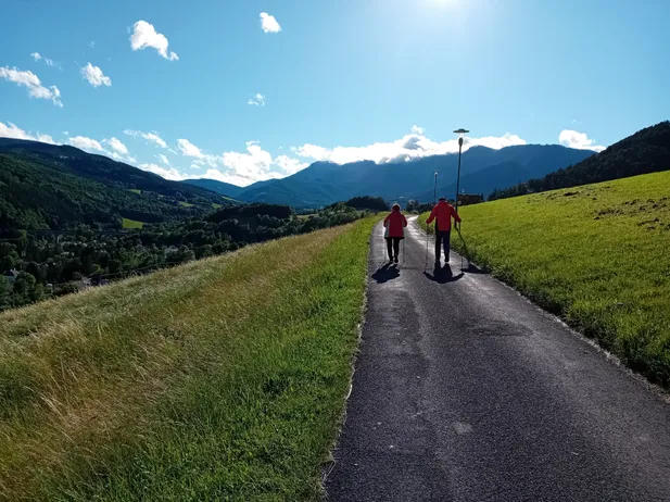Zwei Personen gehen an einem sonnigen Tag mit Skistöcken auf einem Pfad, umgeben von grünem Gras und Bergen.