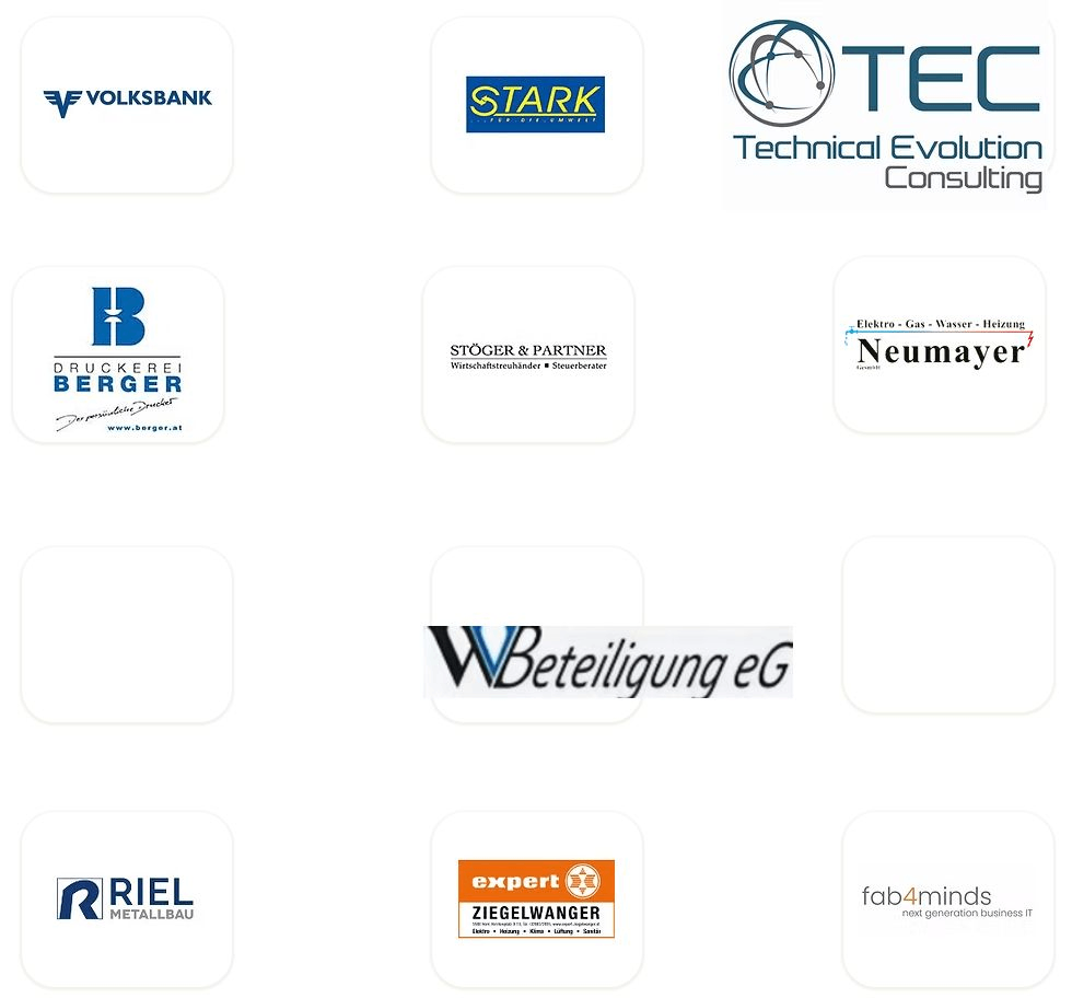 Eine Sammlung von Logos verschiedener Unternehmen und Organisationen, darunter Volksbank, Stark, Druckerei Berger, Stoger & Partner und andere.