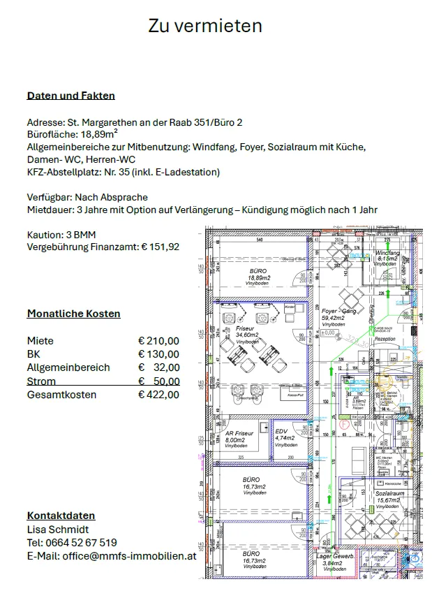 Ein Dokument zeigt Details zu einem gewerblichen Mietobjekt, einschließlich Adresse, Bürofläche, gemeinsamer Einrichtungen, Parkplätzen, Verfügbarkeit und Mietkosten. Es enthält auch einen Grundriss mit Abmessungen und Raumbezeichnungen.
