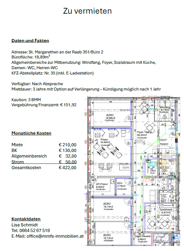 Ein Dokument zeigt Details zu einem gewerblichen Mietobjekt, einschließlich Adresse, Bürofläche, gemeinsamer Einrichtungen, Parkplätzen, Verfügbarkeit und Mietkosten. Es enthält auch einen Grundriss mit Abmessungen und Raumbezeichnungen.