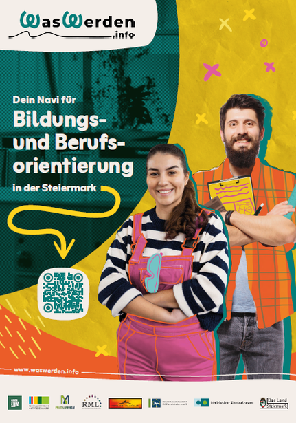 Ein Werbeplakat mit einer lächelnden Frau und einem Mann mit einem Klemmbrett, das Bildungs- und Berufsorientierung in der Steiermark fördert. Das Plakat enthält einen QR-Code für weitere Informationen.
