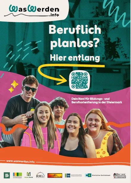 Plakat mit einer Gruppe junger Leute, einem QR-Code und dem Text 'Beruflich planlos? Hier entlang'. Das Bild ist bunt mit einer Mischung aus Pink, Grün und Gelb. Die jungen Leute lächeln und scheinen für ein Foto zu posieren. Es gibt einen Wasserzeichen in der unteren linken Ecke.