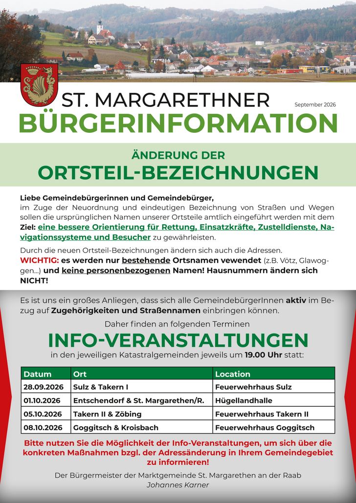 Plakat der Gemeindeinformation von St. Margarethen, das Änderungen der Ortsnamen und -standorte für eine bessere Orientierung von Rettungsdiensten ankündigt. Geplante Informationsveranstaltungen in verschiedenen Bezirken.