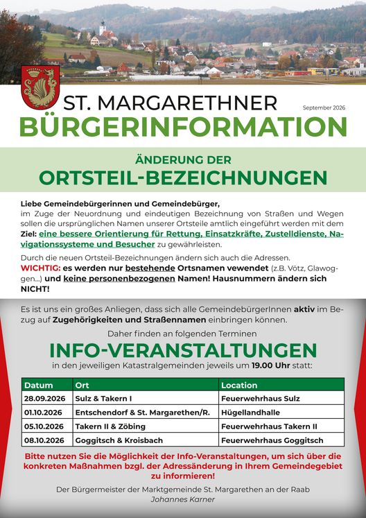 Plakat der Gemeindeinformation von St. Margarethen, das Änderungen der Ortsnamen und -standorte für eine bessere Orientierung von Rettungsdiensten ankündigt. Geplante Informationsveranstaltungen in verschiedenen Bezirken.