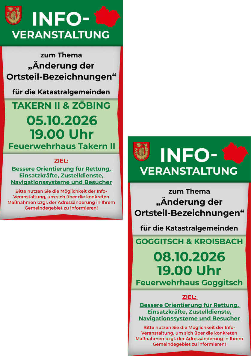 Plakat für eine Informationsveranstaltung am 5. Oktober 2026 um 19 Uhr, die sich mit Änderungen der Ortsteil-Bezeichnungen für die Katastralgemeinden befasst. Es betont die Bedeutung einer besseren Orientierung für Rettungsdienste, Einsatzkräfte und Besucher.