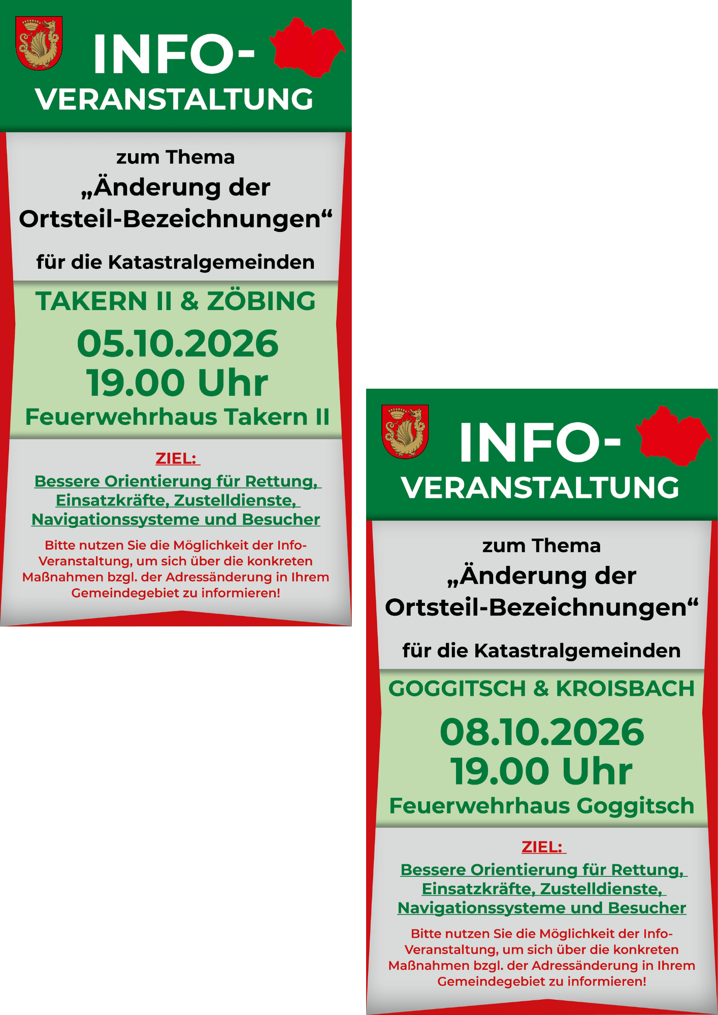 Plakat für eine Informationsveranstaltung am 5. Oktober 2026 um 19 Uhr, die sich mit Änderungen der Ortsteil-Bezeichnungen für die Katastralgemeinden befasst. Es betont die Bedeutung einer besseren Orientierung für Rettungsdienste, Einsatzkräfte und Besucher.
