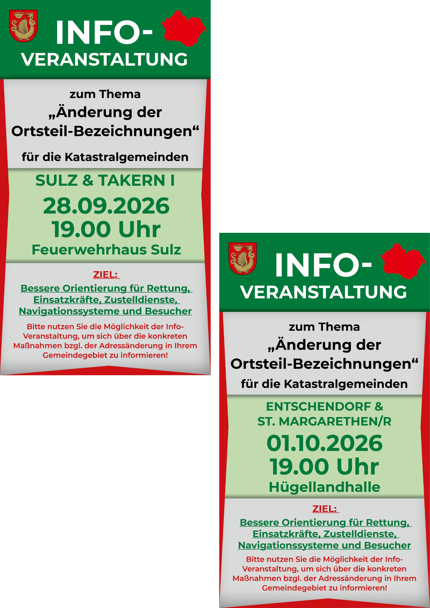 Plakat für eine Informationsveranstaltung über Änderungen der Ortsteil-Bezeichnungen für die Katastralgemeinden, geplant für den 28.09.2026 um 19:00 Uhr in Sulz.