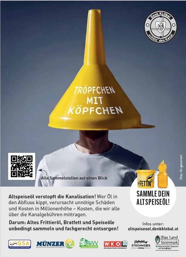 Ein gelber Trichter mit der Aufschrift 'Tropfen mit Kopfchen' bedeckt den Kopf einer Person. Darunter befindet sich ein QR-Code und eine Flasche Öl. Das Bild enthält auch einen Text über das Sammeln von altem Speiseöl.