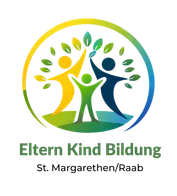 Ein kreisförmiges Logo mit drei stilisierten Figuren, zwei Erwachsenen und einem Kind, die Händchen halten und von grünen Blättern umgeben sind. Der Text 'Eltern Kind Bildung' steht unter den Figuren.