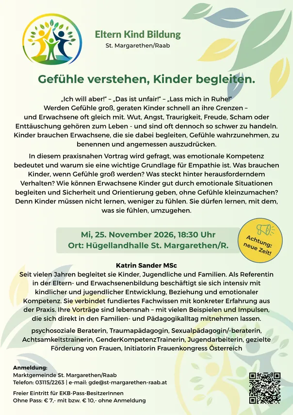 Ein Flyer für einen Elternworkshop mit dem Titel 'Gefühle verstehen, Kinder begleiten'. Der Flyer enthält Datum, Uhrzeit und Ort der Veranstaltung sowie den Namen des Referenten und Kontaktdaten.