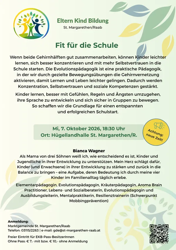Ein Flyer für ein Schulvorbereitungsprogramm auf Deutsch. Der Flyer zeigt ein Logo mit einem Baum und einem Kind, zusammen mit Text auf Deutsch. Der Text bespricht die Vorteile des Programms, einschließlich verbesserten Lernens, Konzentration und Selbstvertrauen. Der Flyer enthält auch einen QR-Code für die Anmeldung und eine Kontakt-E-Mail.