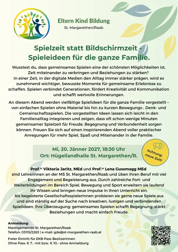 Ein Plakat für eine Familienspielnacht im Huegellandhalle in St. Margarethen/Raab, Österreich. Die Veranstaltung wird von Eltern Kind Bildung organisiert und zeigt eine vielfältige Gruppe von Menschen, die gemeinsam Spiele spielen. Das Plakat enthält Informationen zum Veranstaltungsdatum, zur Uhrzeit und zu den Kontaktdaten.