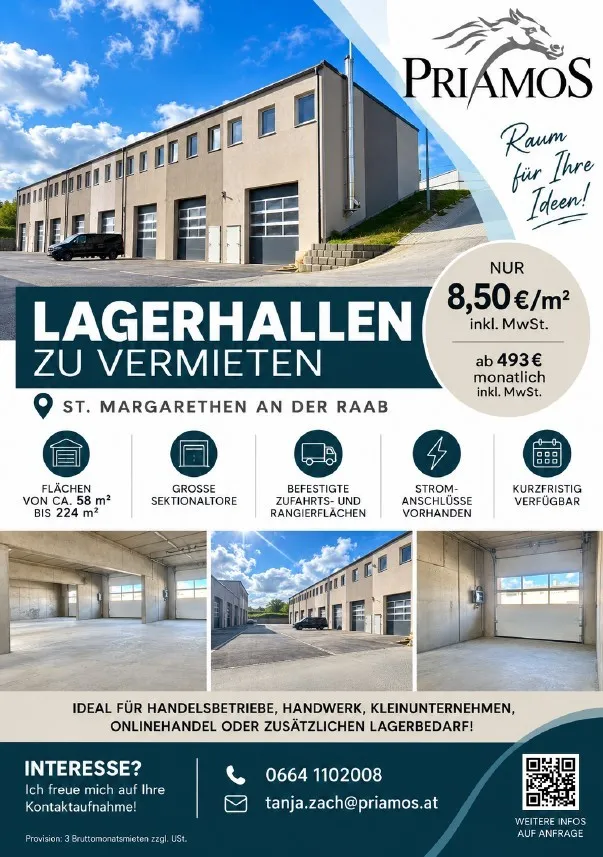 Werbeanzeige für Lagerhallen zur Miete in St. Margarethen an der Raab. Das Bild zeigt ein großes Gebäude mit mehreren Garagentoren, einem klaren blauen Himmel und einem geparkten Auto davor.