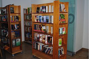 Holzregale mit Büchern in einer Bibliothek oder Buchhandlung. Drei Regale mit ausgestellten Büchern.