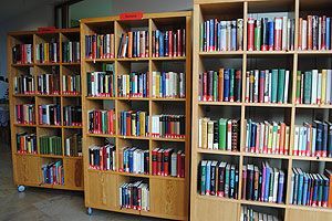 Ein Bibliotheksraum mit vier Holzregalen voller Bücher. Die Regale sind unterschiedlich groß.