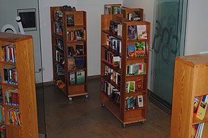 Drei hölzerne Bücherregale mit Büchern stehen in einem Raum mit weißer Wand. Die Regale haben Räder, und der Raum hat eine Glastür mit Graffiti darauf. Der Raum ist schwach beleuchtet. Ein Monitor ist an der Wand. Der Boden ist aus Holz.