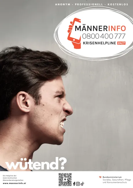 Ein Plakat mit einem wütenden Mann und dem Text 'wuetend?'. Oben befindet sich ein Telefonsymbol mit der Aufschrift 'MANNER INFO' und einer Hilfstelefonnummer. Unter dem Mann befindet sich ein QR-Code.