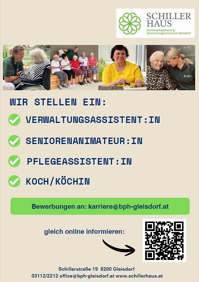 Ein Poster bewirbt Stellenangebote in der Seniorenbetreuung. Es listet Positionen für eine Verwaltungsassistentin, Seniorenanimatorin, Pflegekraft und Köchin/Koch auf. Es enthält einen QR-Code für Online-Anfragen und eine Kontakt-E-Mail.