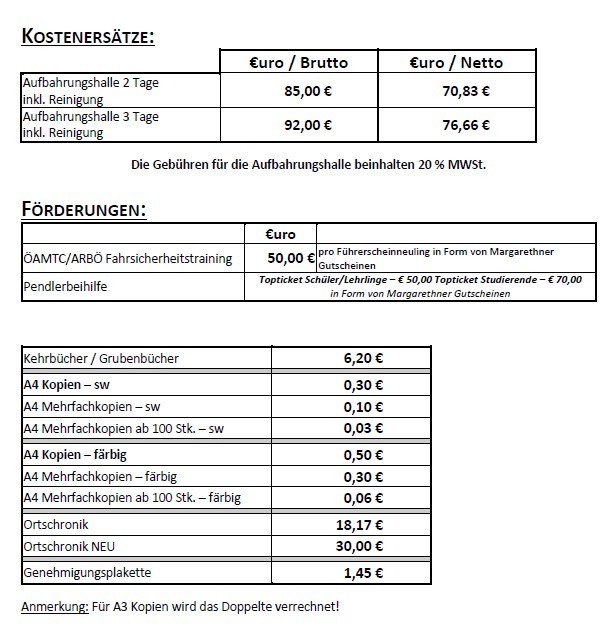Das Bild zeigt eine Tabelle mit Kostenberechnungen für einen Veranstaltungsort. Es enthält Gebühren für eine 2-tägige und 3-tägige Vermietung sowie Reinigungskosten. Zusätzliche Gebühren sind für Sicherheitstraining, Genehmigungen und verschiedene Arten von Kopien aufgeführt. Die Tabelle weist auch darauf hin, dass die Mehrwertsteuer enthalten ist.