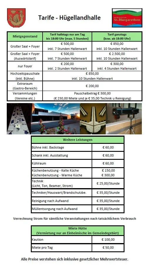 Das Bild zeigt eine Tabelle mit Mietgebühren für verschiedene Gegenstände. Gegenstände umfassen großen Saal und Kamin, Extraraum, Bühne, Bar, Küche und Reinigung. Die Gebühren sind für Halbtages- und Ganztagesmieten aufgeführt.