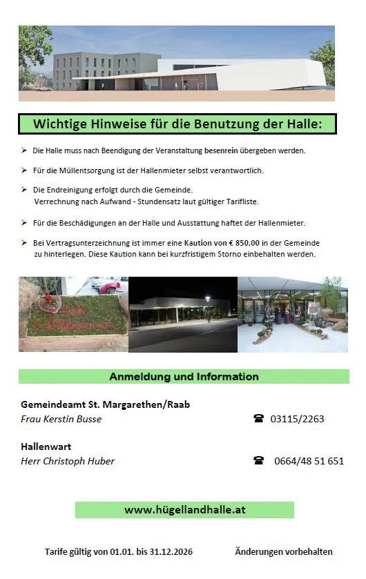 Das Bild zeigt ein Gebäude, ein Schild mit deutschem Text und eine Collage von Bildern. Das Schild lautet 'Wichtige Hinweise für die Benutzung der Halle'. Darunter sind Kontaktdaten für Gemeindeamt St. Margarethen/Raab und Hallenwart angegeben.