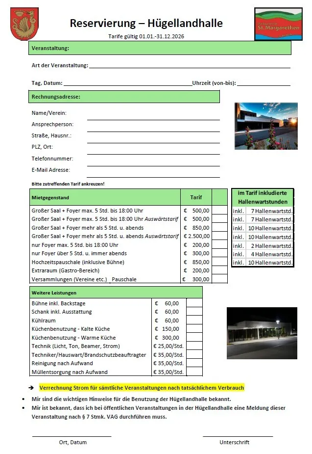 Ein Dokument mit einem Formular für Veranstaltungsbuchungen wird gezeigt. Es enthält Felder für Veranstaltungsart, Datum, Uhrzeit, Rechnungsadresse, Name, Ansprechpartner, Adresse, Telefonnummer und E-Mail. Es gibt Tabellen für Veranstaltungsgebühren, zusätzliche Dienstleistungen und Kosten. Fotos eines Gebäudes und seines Äußeren bei Nacht sind enthalten.