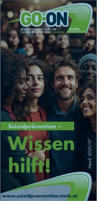 Plakat zur Suizidprävention mit einer Menge lächelnder Menschen. Der grüne Text lautet 'Suizidprävention - Wissen hilft!' und unten ist eine Website angegeben.