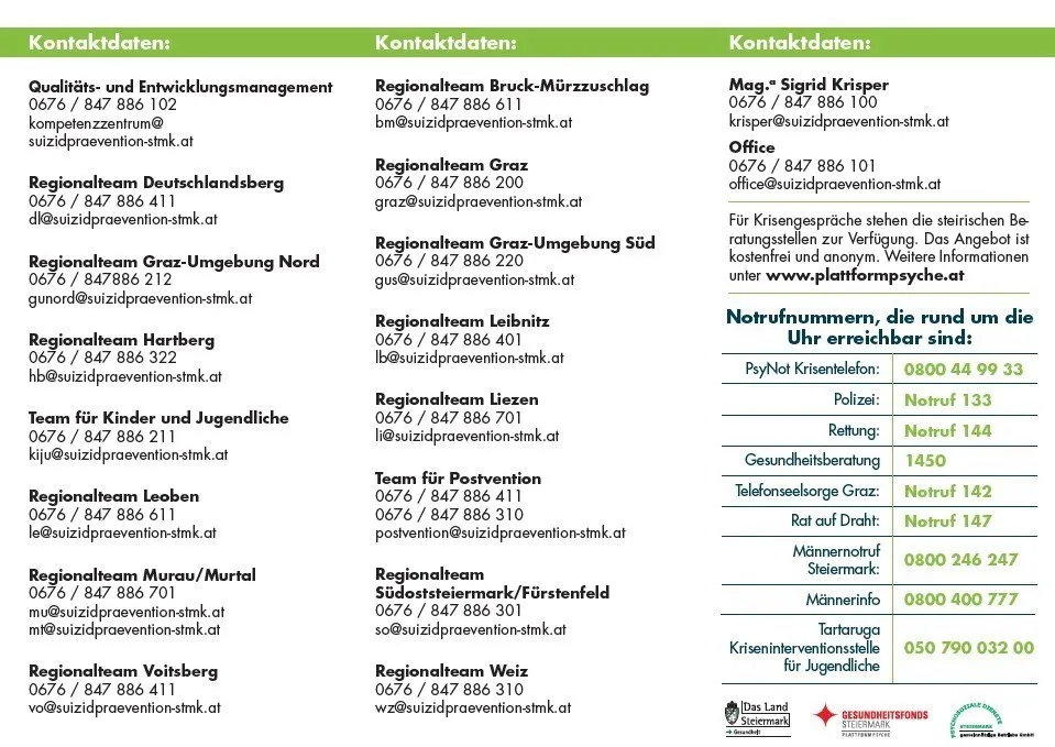 Kontaktdaten für verschiedene Teams mit Telefonnummern und E-Mail-Adressen sind aufgelistet. Die Teams stammen aus verschiedenen Regionen und decken Themen wie Notfallmanagement, Suizidprävention und Gesundheitsberatung ab. Zusätzliche Nummern für Kriseninterventionsstellen sind ebenfalls verfügbar.