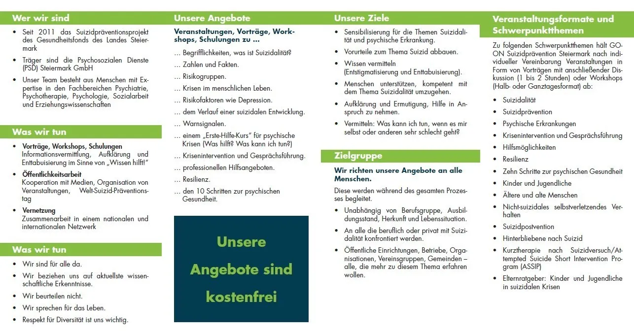 Das Bild zeigt verschiedene Dienstleistungen und Ziele im Bereich der Suizidprävention. Die Dienstleistungen umfassen Workshops, Vorträge, Schulungen und Unterstützung bei psychischen Krisen. Die Ziele konzentrieren sich auf Sensibilisierung, Aufklärung über Mythen, Informationsvermittlung und Unterstützung für Betroffene. Die Dienstleistungen stehen allen Menschen unabhängig von ihrer Herkunft oder Situation zur Verfügung.