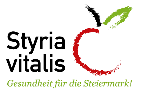 Ein roter Kreis mit grünem Umriss bildet einen stilisierten Apfel, mit dem Text 'Gesundheit für die Steiermark' darunter. Der Hintergrund ist schwarz.