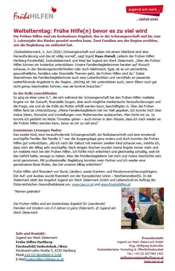 Das Bild zeigt ein Dokument mit einem deutschen Text über 'Weltelterntag: Frühe Hilfen'. Es bespricht die Vorteile der frühzeitigen Familienunterstützung und betont die Bedeutung der professionellen Betreuung während der Schwangerschaft und bis zum dritten Lebensjahr des Kindes. Es enthält Erfahrungsberichte von Familien, die durch diesen Service Erleichterung fanden.