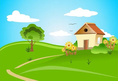 Eine illustrierte Szene eines sonnigen Tages mit einem kleinen Haus auf einem Hügel, einem Baum und Blumen. Der Himmel ist blau mit weißen Wolken und zwei Vögel fliegen.