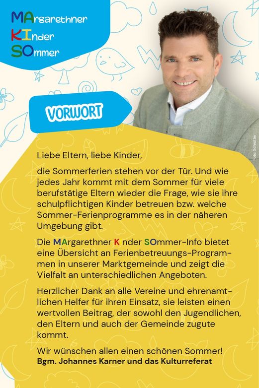 Das Bild zeigt einen lächelnden Mann im Anzug mit einem blauen Banner, das 'VORWORT' beschriftet ist. Es beleuchtet Sommerferienprogramme für Kinder und dankt lokalen Vereinen und freiwilligen Helfern.