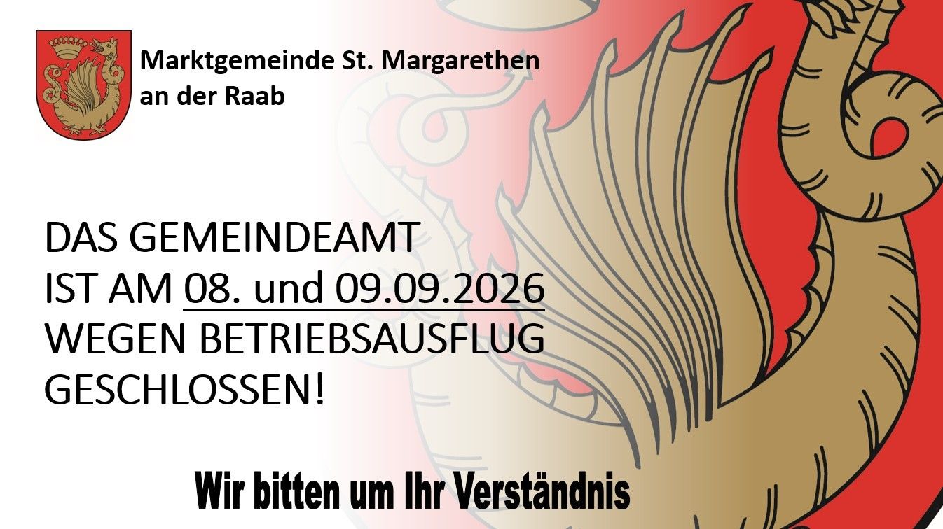 Plakat des Gemeindeamtes St. Margarethen, das die Schließung des Amtes am 8. und 9. September 2026 ankündigt. Das Plakat zeigt eine stilisierte Hand und ein warmes Farbschema.