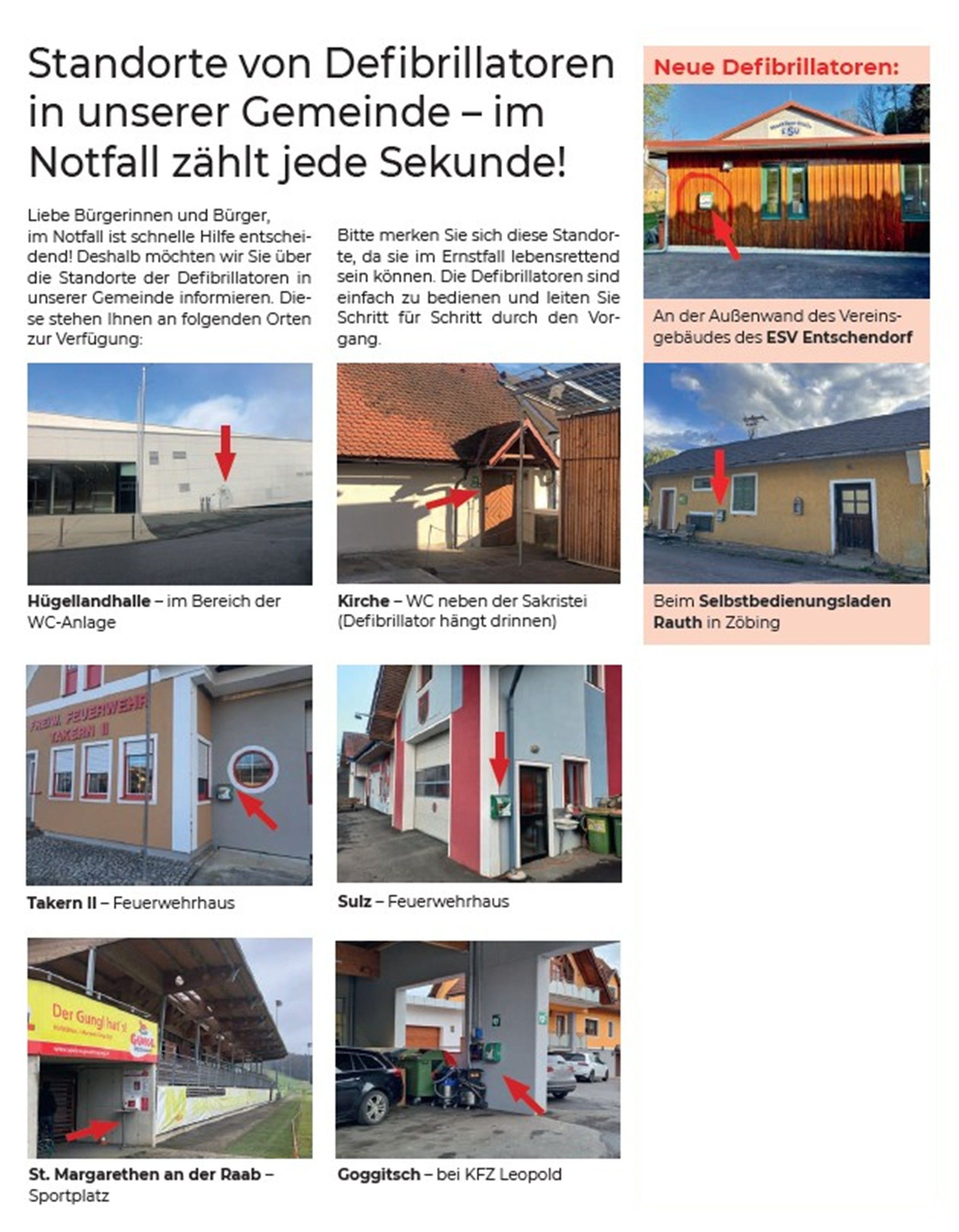 Ein Infografik zeigt Orte in einer Gemeinde, an denen Defibrillatoren verfügbar sind. Die Defibrillatoren sind durch Pfeile markiert und an verschiedenen öffentlichen Gebäuden platziert, einschließlich einer Feuerwache, einer Selbstbedienungswäscherei und einem Feuerwehrhaus. Die Karte ist auf Deutsch.
