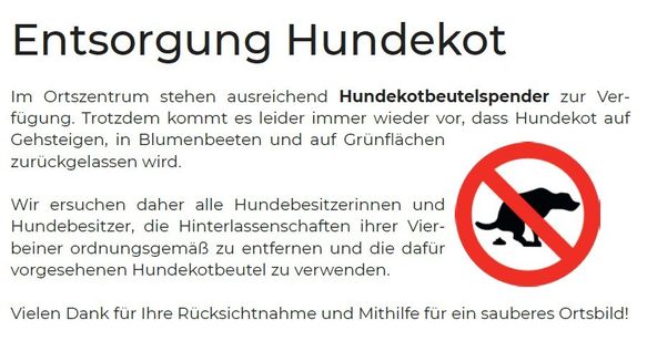 Das Plakat fordert Hundebesitzer auf, die Hinterlassenschaften ihrer Vierbeiner zu entfernen und die dafür vorgesehenen Hundekotbeutel zu verwenden. Es dankt ihnen für ihr Verständnis.