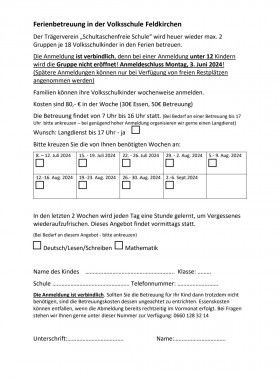 Das Formular dient zur Anmeldung von Kindern in einer Ganztagsschule. Es fordert Details wie Name des Kindes, Telefonnummer und Klasse an. Es enthält einen Zeitplan für zweiwöchige Zyklen, der Aktivitäten für jeden Tag angibt, und erfordert Unterschriften zur Bestätigung.