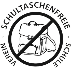 Ein schwarzer Hintergrund mit einem durchgestrichenen Rucksack und der Aufschrift 'Schultaschenfrei' darum herum, was 'schultaschenfrei' bedeutet.
