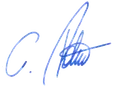 Eine blaue Unterschrift auf schwarzem Hintergrund. Die Unterschrift besteht aus einem Großbuchstaben 'C', gefolgt von einem stilisierten 'A' mit einer dekorativen Verzierung.