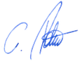 Eine blaue Unterschrift auf schwarzem Hintergrund. Die Unterschrift besteht aus einem Großbuchstaben 'C', gefolgt von einem stilisierten 'A' mit einer dekorativen Verzierung.