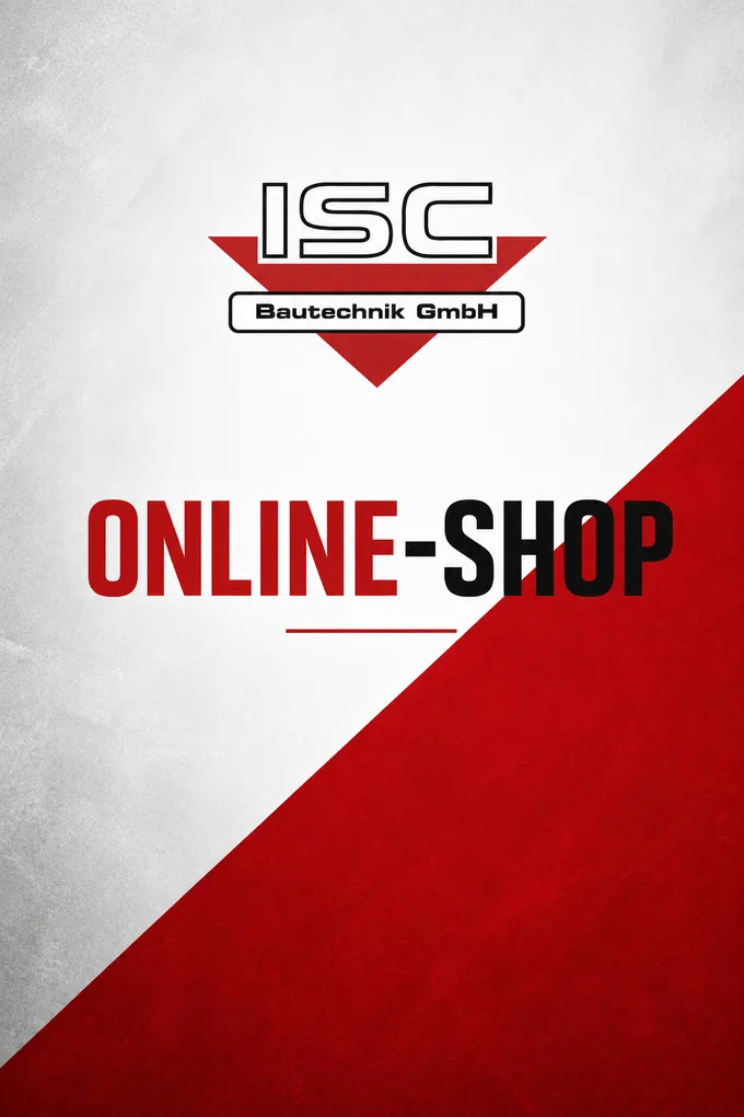 Abschnittsbild: Ein Werbebanner für den Online-Shop von ISC Bautechnik GmbH, mit kräftigen roten und weißen Farben und dem Text 'ONLINE-SHOP' prominent angezeigt.