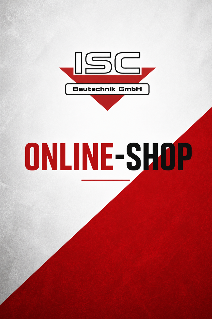  Abschnitt Bild: Ein Werbebanner für den Online-Shop von ISC Bautechnik GmbH, mit kräftigen roten und weißen Farben und dem Text 'ONLINE-SHOP' prominent angezeigt.